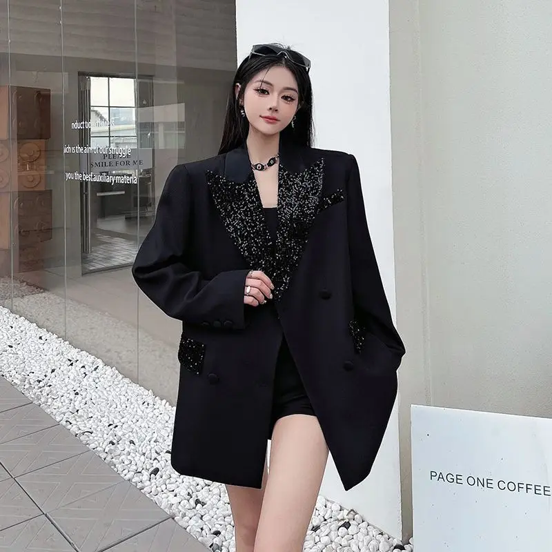 Fashion New High-Quality Velvet Sequins Acetic Acid Splicing Jacket Woman Long-sleeved Casual All-Match Blazer Women's Jacket