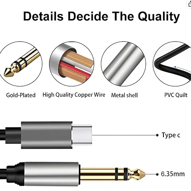 Type C USB C To TRS 6.5mm Single Crystal Copper 6.35mm 6.5 Male To Male Audio Cable For Phone To Speaker