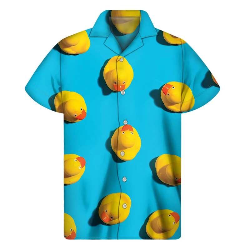 Cute Yellow Rubber Duck Graphic Shirt Men 3D Print Hawaiian Shirts Summer Button Short Sleeve Tops Loose Lapel Aloha Blouse