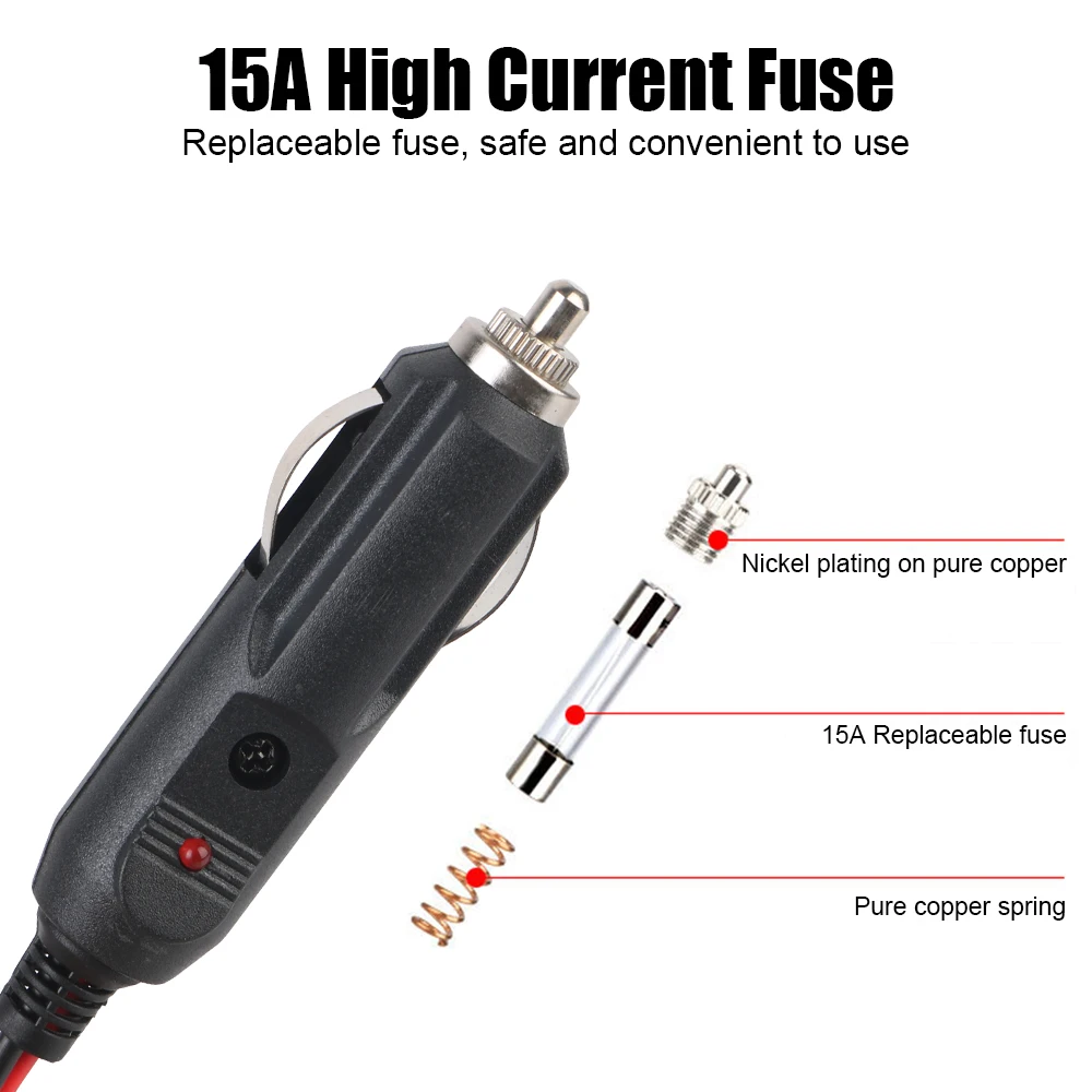 Car Cigarette Lighter Socket Male Plug Adapter Power Cord Crocodile Clip Battery Extension Cord 15A Fuse 12V-24V