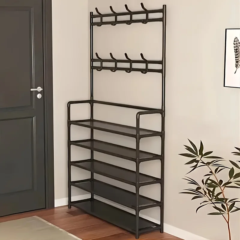 

5-Tier Metal Shoe Rack with Hooks, Self-Assembled Space Saving Organizer for Entryway Hallway Living Room Storage
