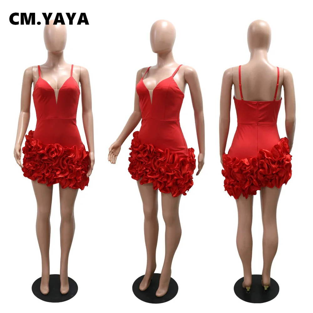 CM.YAYA femmes col en v sangle Mult volants sans manches moulante Mini robe Sexy soirée soirée Club irrégulière robes robes