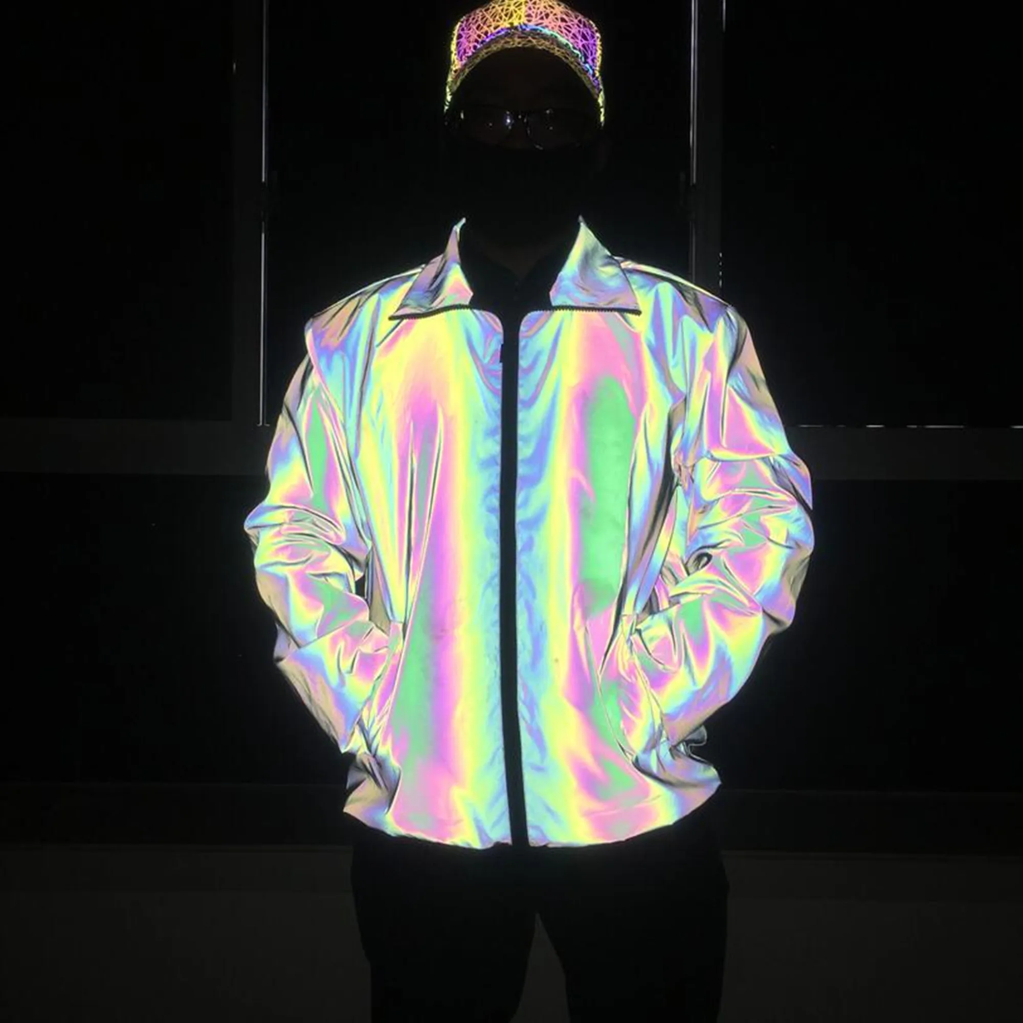 Unisex Holographic Men’s Geometric Colorful Rainbow Reflective Jacket Punk Shiny Casual Coats Outfit Streetwear