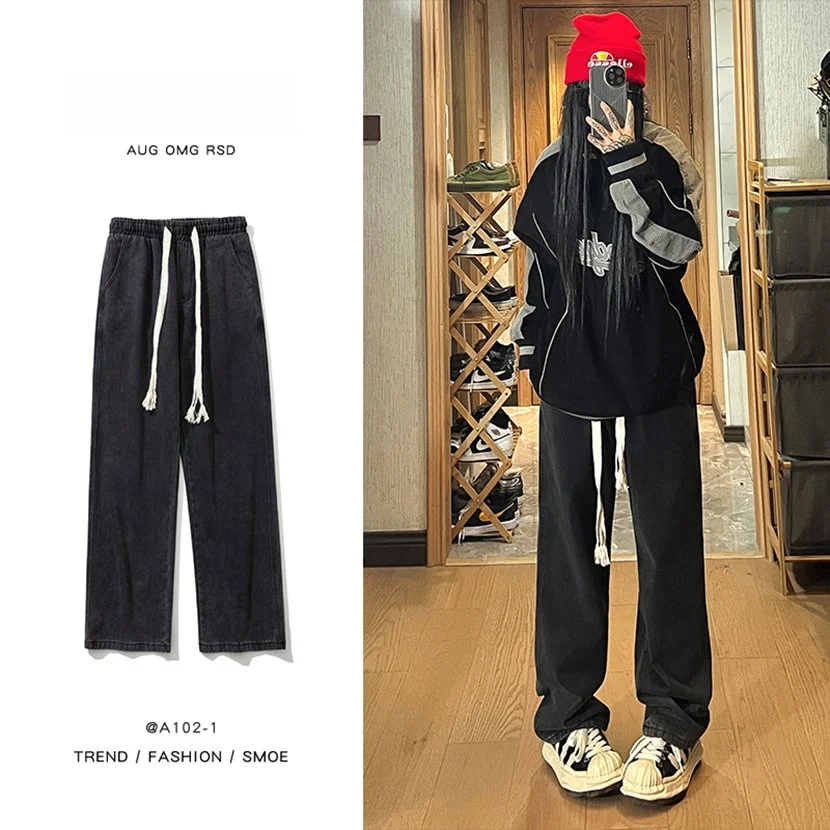 

Мужские широкие джинсы прямого кроя в американском стиле хип-хоп, повседневные брюки для весны и осени, новые модные длинные штаны в стиле High Street