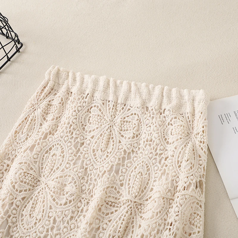 Bohemian Style Lace Knitted High Waist A-Line Skirt Hollow out Design Casual Cotton Midi Skirt for Women Spring Summer