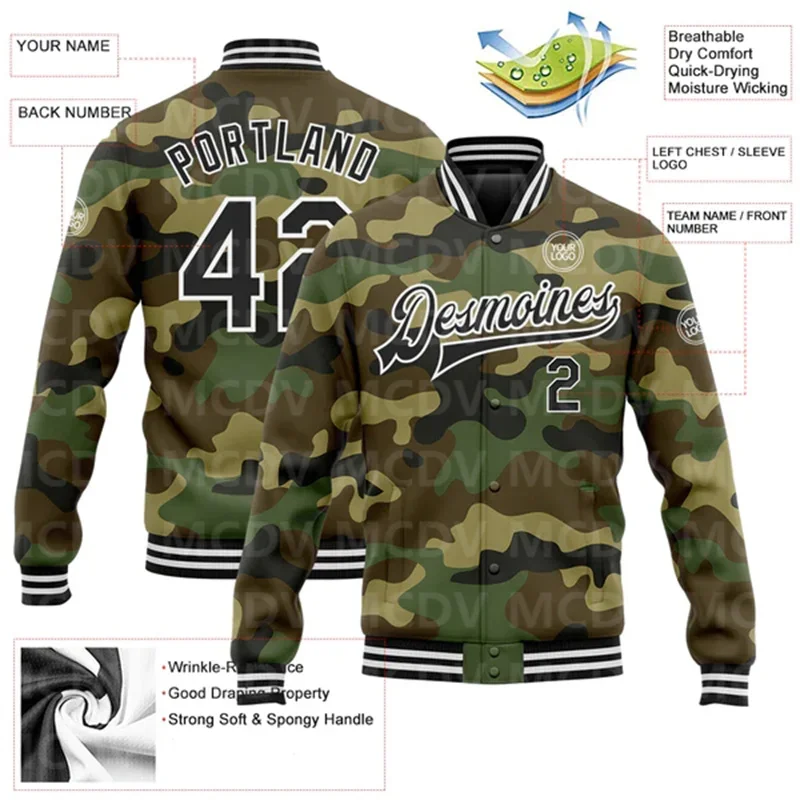 Custom Camo Black-White Bomber Full-Snap Varsity Letterman Salute To Service Jacket