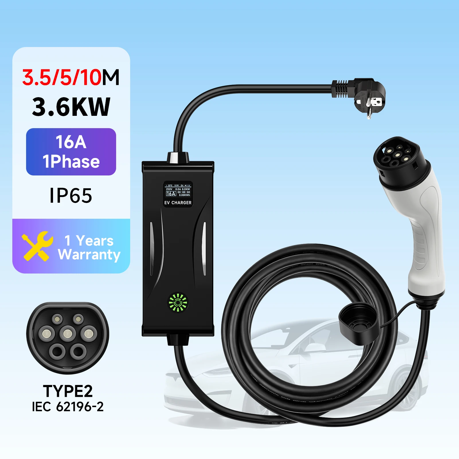 

3.6KW 16A Portable EV Charger Type 2 IEC62196-2 with EU Plug for Electric Car Home Charging
