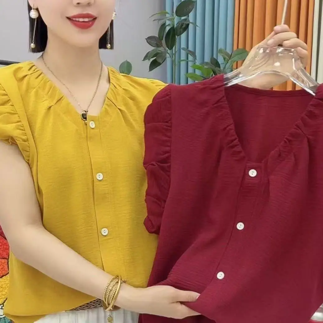 

Korean Style Light Maturity V-neck Bubble Sleeve Shirt Women Summer New Loose Open Cardigan Slimming Young-looking Small Flyi...