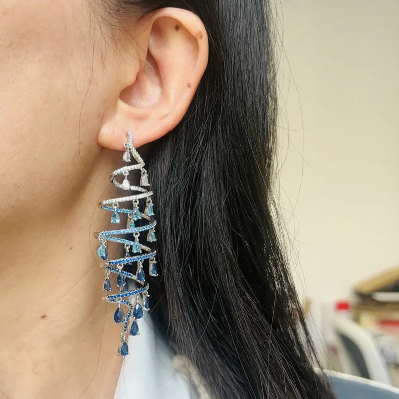 Bilincolor Blue  Cubic Zirconia Spiral Tassel Earring for Women