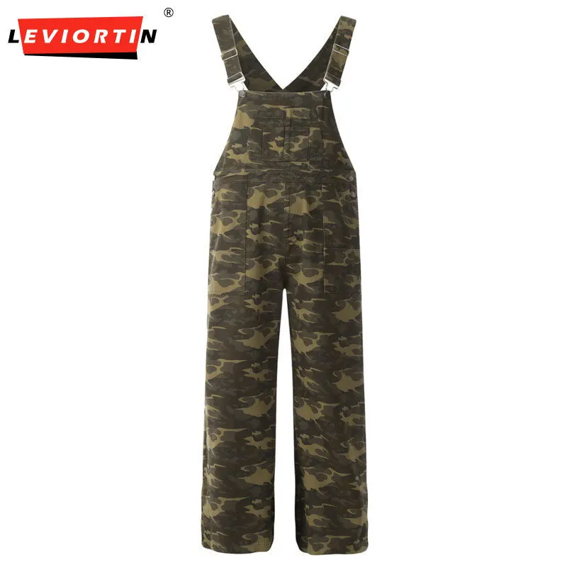 ชุดทํางานสตรีทย้อนยุคสไตล์อเมริกันอินเทรนด์ของผู้ชายหลวมขากว้างกางเกงยีนส์ลายพรางสายสะพายไหล่