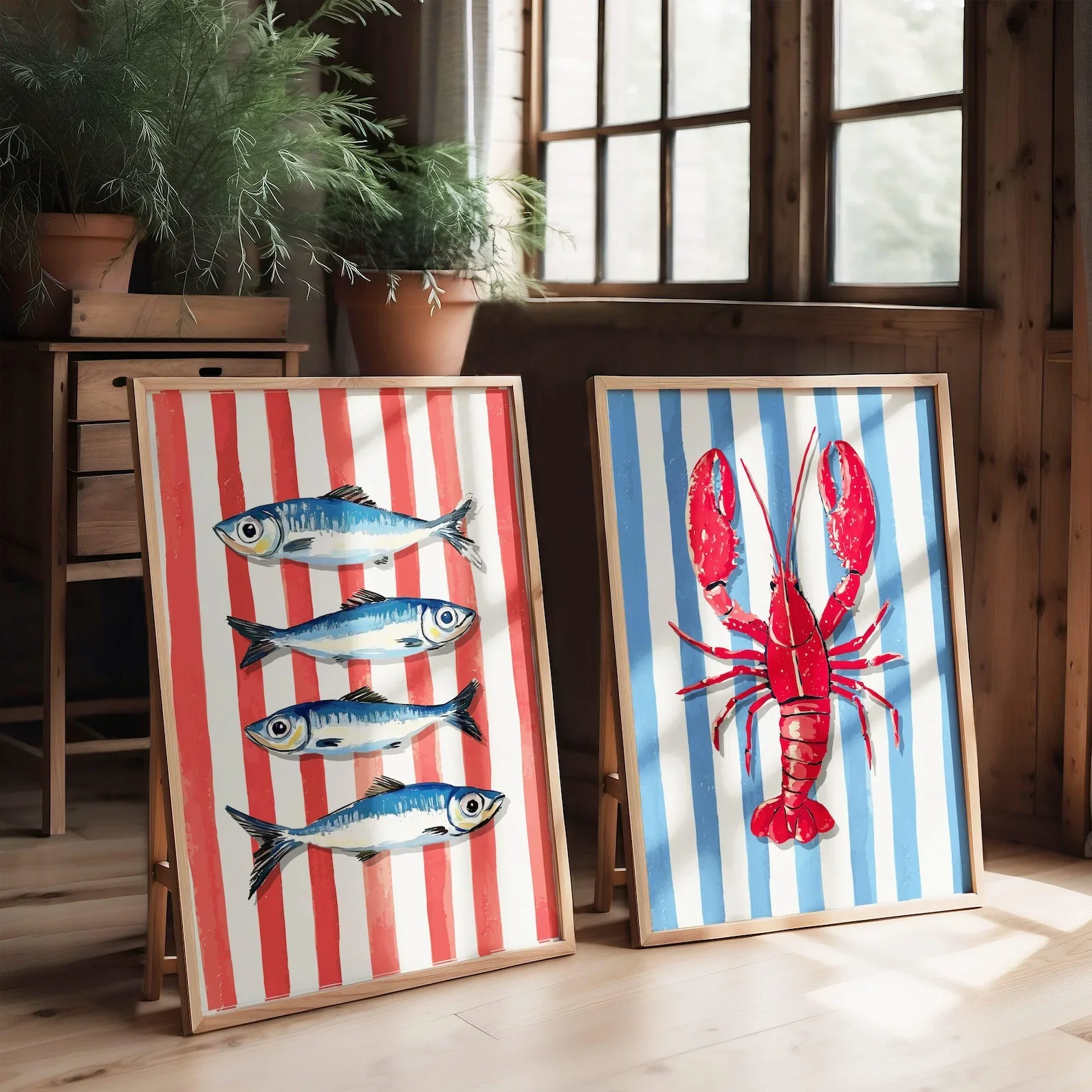 2pcs frameless Canvas Painting 2PCS Lobster & Sardines Coastal Kitchen Wall Art Set  Nautical Red Blue Striped Canvas Paintings