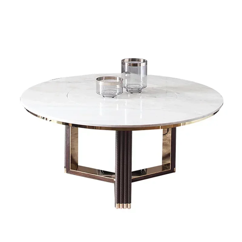 Marble dining table, banquet villa round dining table, Hong Kong-style woven embossed flower column dining table