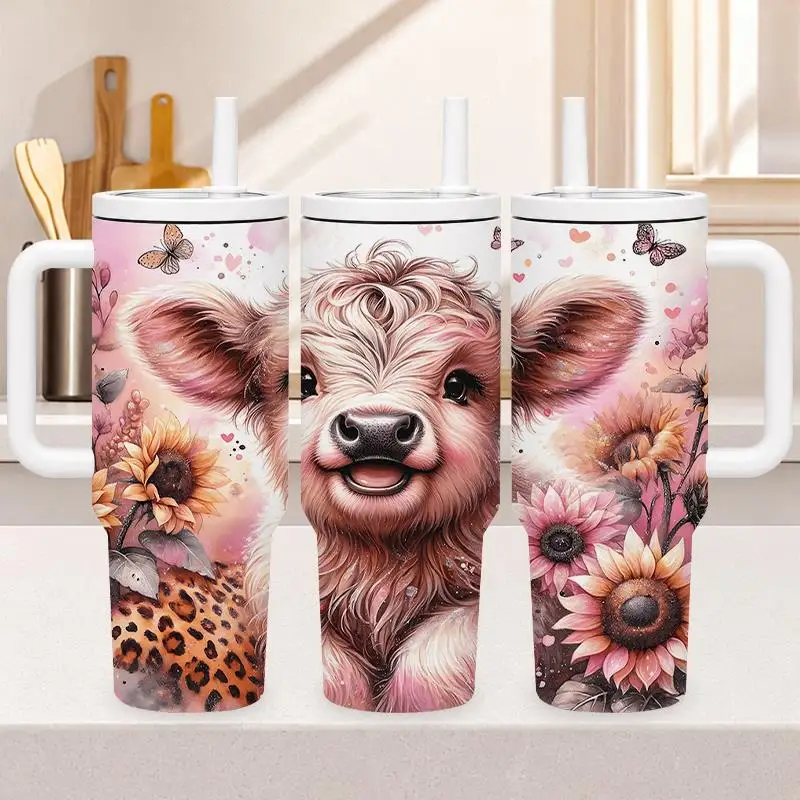 1pc 40oz 304 Stainless Steel Hand-held Cup Cute Pink Highland Cow Sunflower Butterfly Leopard Print Insulated Tumbler with Handle And Straw for Home Office Car Travel Suitable Gifts for Halloween Christmas And Other Special Festivals