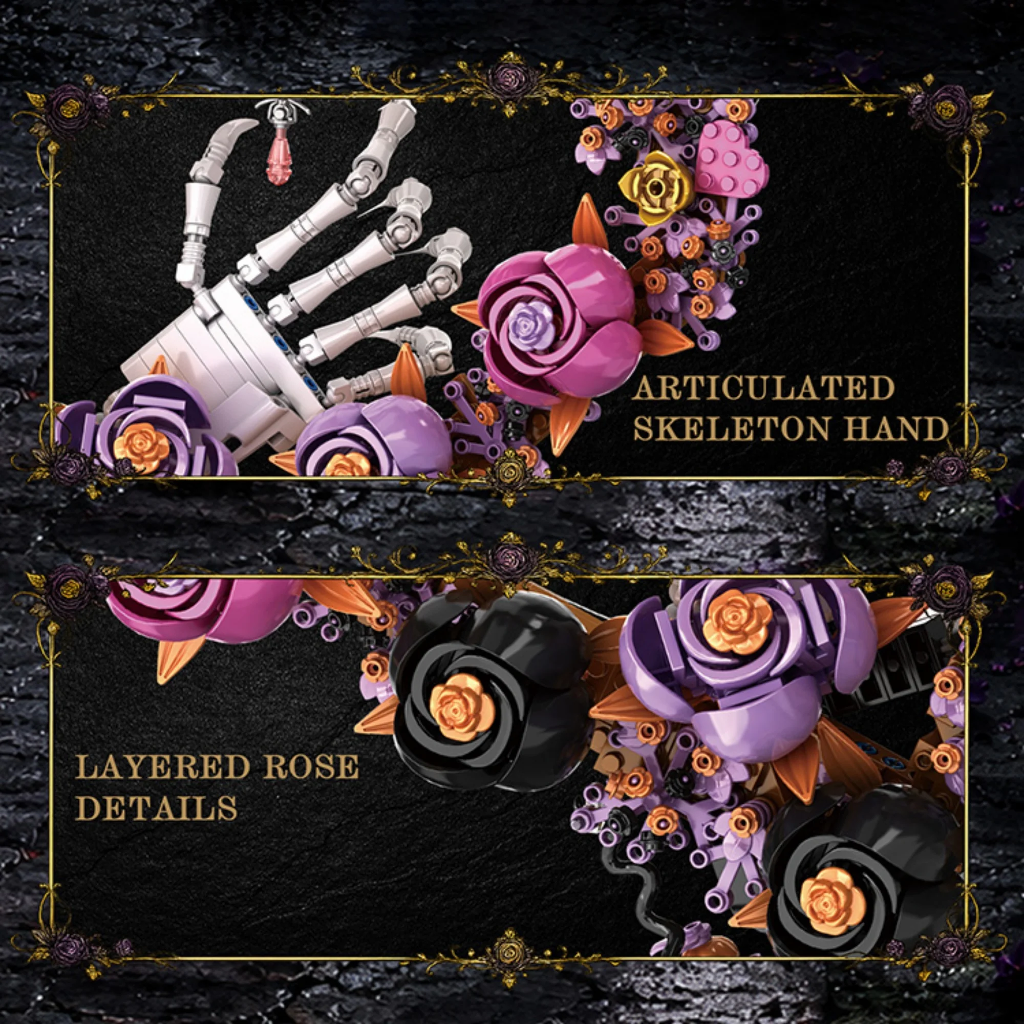 1190pcs Halloween Bloom Heart Building Blocks Desktop Decor Gothic Heart Flower Wreath Skeleton Hand Bricks Toys for Adult Gifts