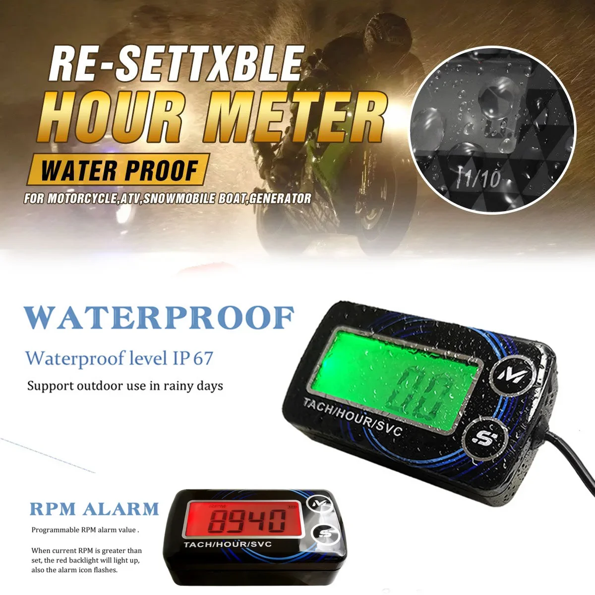 

Waterproof Digital Engine Tach Hour Meter Tachometer Gauge Engine RPM LCD Display For Motorcycle Motor Stroke Engine Car Boat