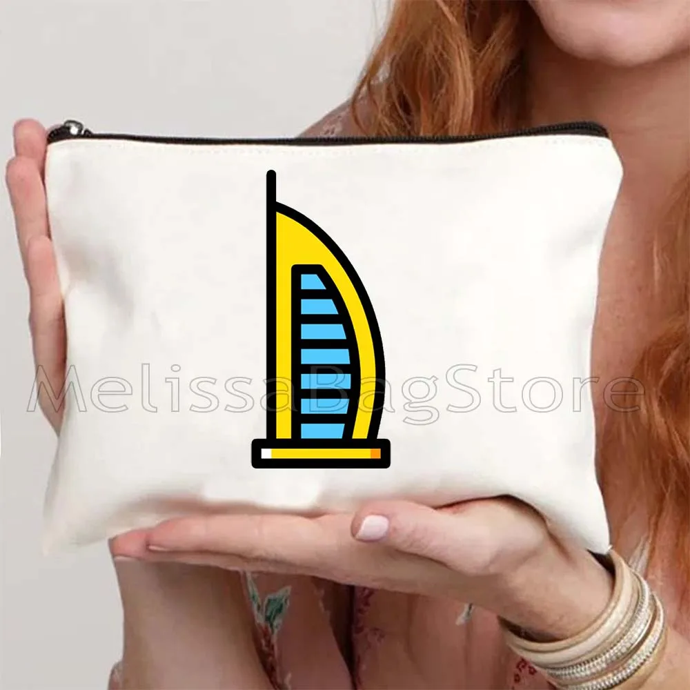 

UAE Emirati Skyscraper Burj Khalifa Heart Dubai Skyline Retro United Arab Emirates Sunset Canvas Cosmetic Makeup Bag Case Pouch