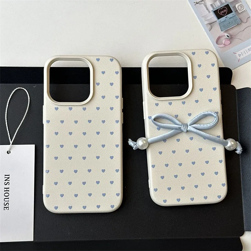 Bonita Funda de teléfono con lazo y perlas en 3D para iPhone 16 15 Pro Max 14 13 12 Pro, Funda trasera con patrón de Litchi y corazón de amor azul