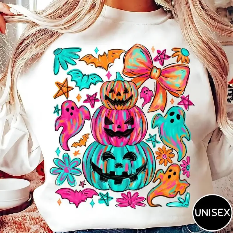 

Preppy Neon Halloween Pumpkin Ghost Shirt , Coquette Halloween Bow , Fall Bat Ghost , Girly Spooky Pumpkin Sublimation Tee, Cute