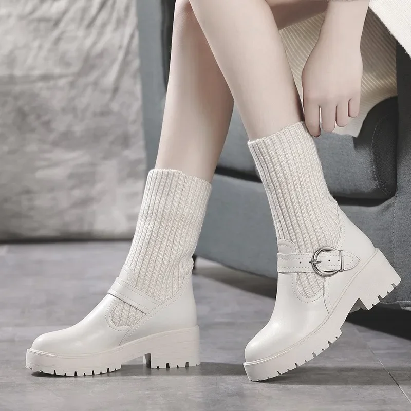 

New Woman Casual Ankle Boots Lolita White Knitting Boot Fashion Ladies Shoes Korean Hot Sale All-match High Heels Botas De Mujer