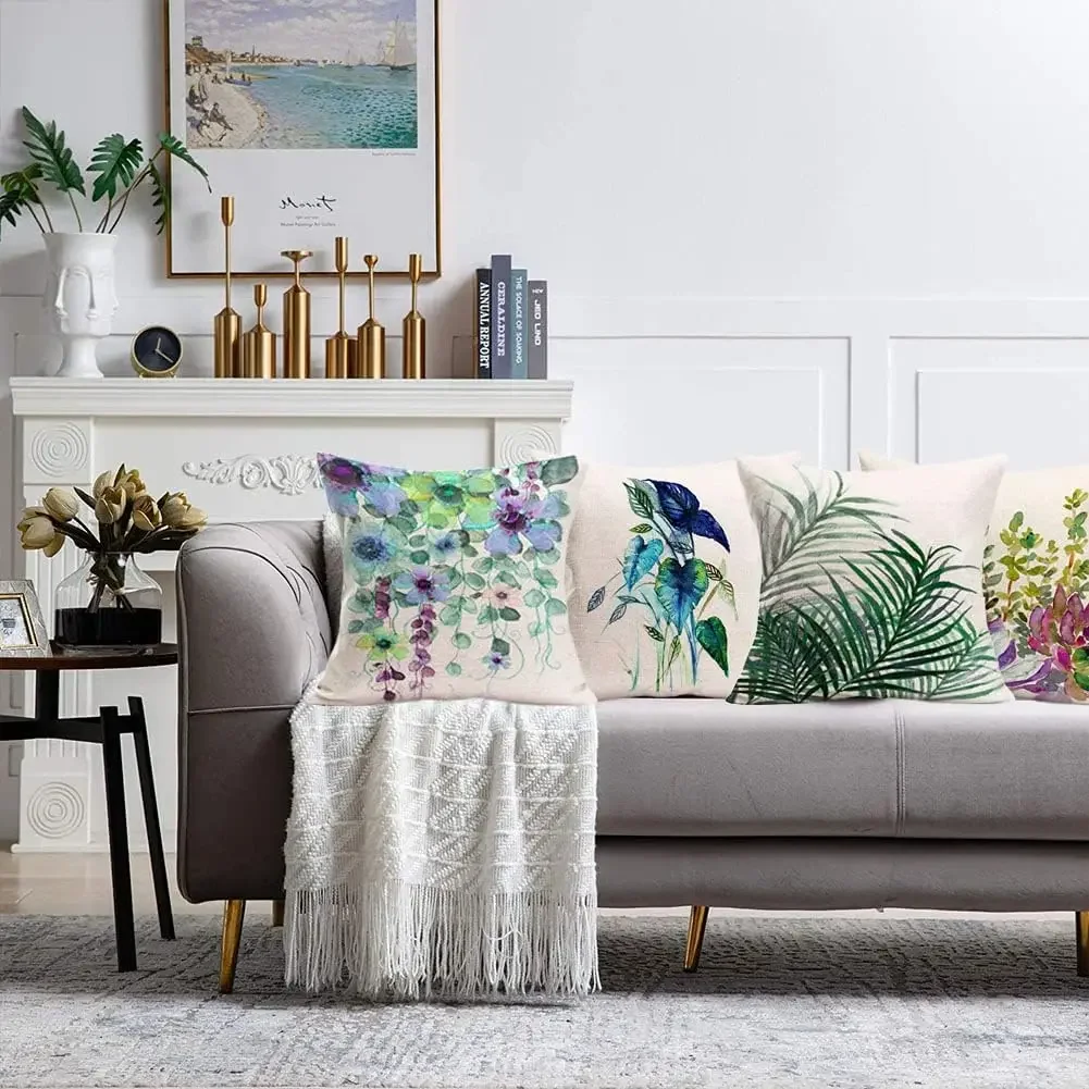 Funda de almohada cuadrada de lino، cubierta de cojín de planta verde، decoración para el hogar، sofá cama al aire libre #4