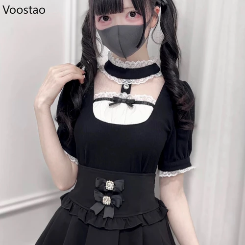 Imagen 2 del producto Camisas góticas japonesas estilo Lolita para mujer, blusas a cuadros de manga corta con volantes de encaje Y2k Vintage, Tops informales para niñas Jirai Kei