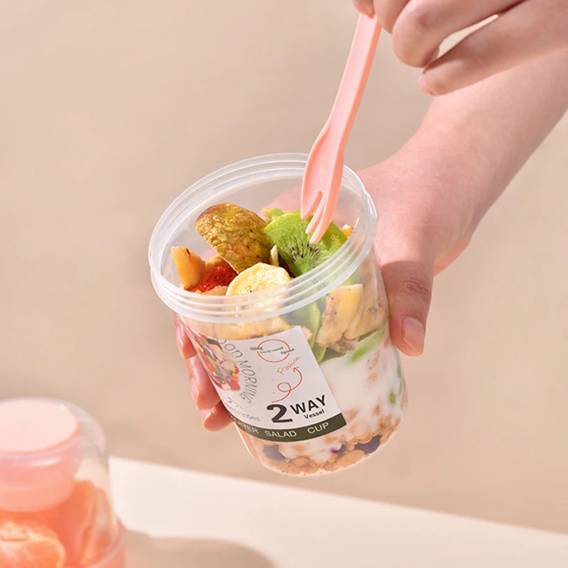 Nuevo Recipiente para Desayuno con Tapa y Cuchara, para Fruta, Avena, Yogur y Ensalada, Recipiente Bento de Dos Capas para Almacenamiento de Alimentos, Tazón Cónico para Fitness y Reducción de Grasa