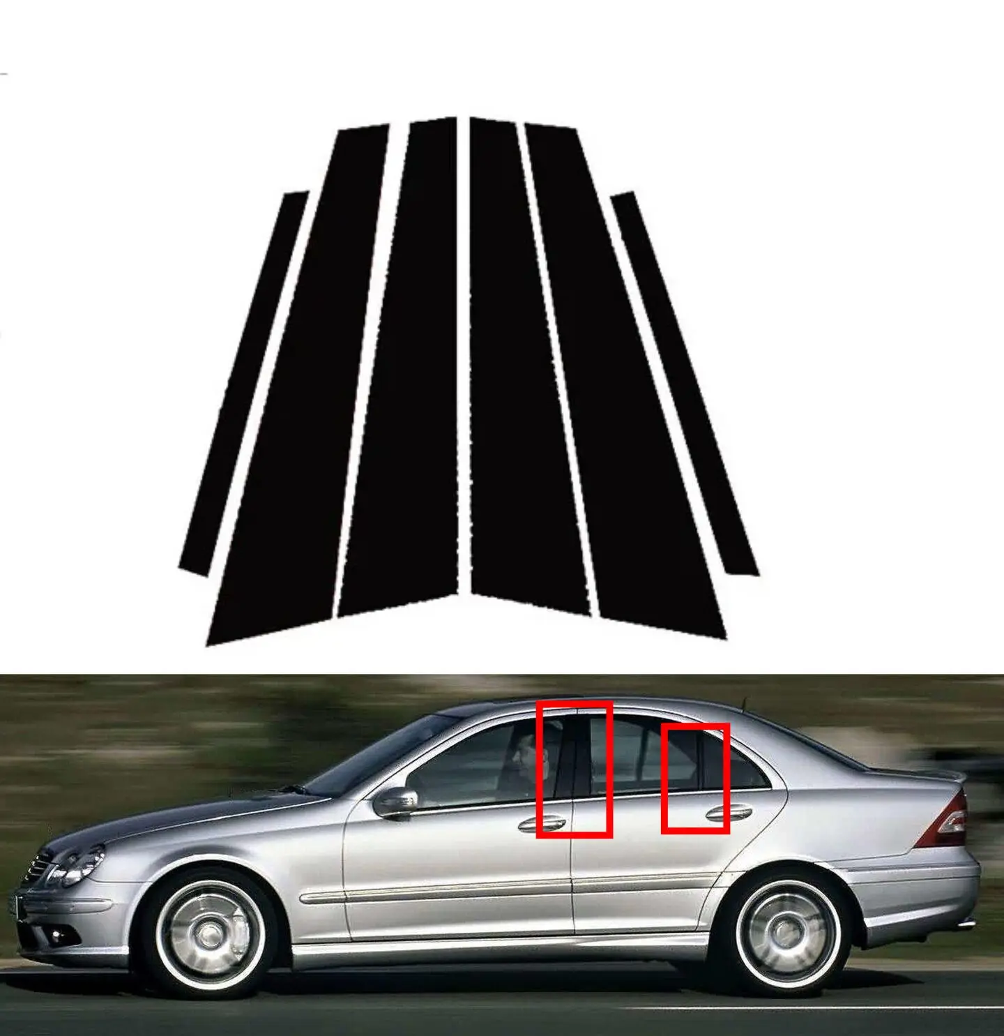 Glossy Black Pillar Posts Door Window Trim Sticker Cover Fit For Mercedes-Benz C-Class (W203)2001 2002 2003 2004 2005 2006 2007