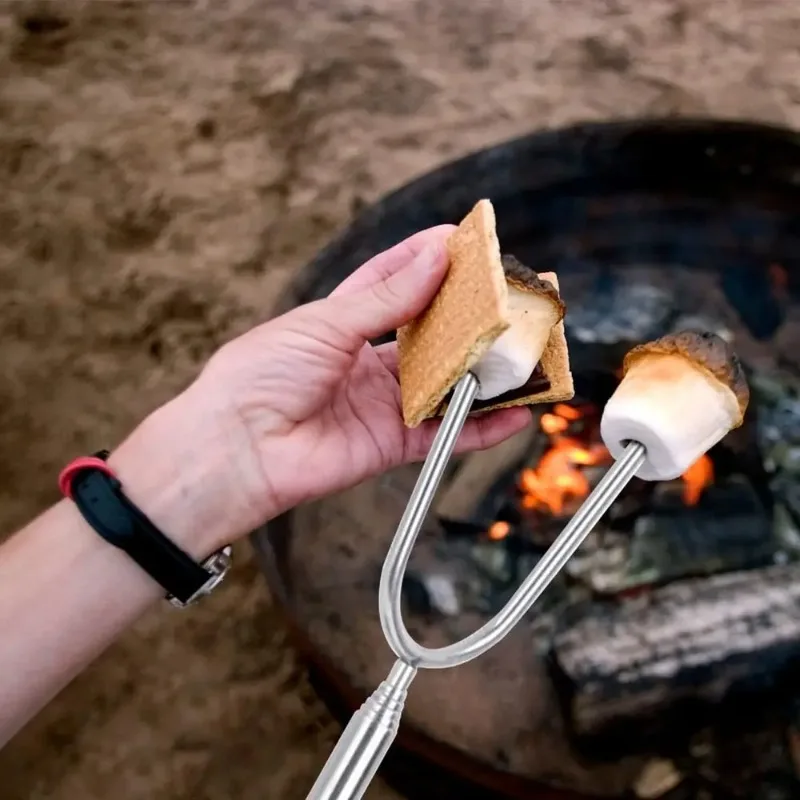 Tenedor telescópico para barbacoa, palo para parrilla de malvavisco, herramienta extensible de acero inoxidable para barbacoa y salchichas para perros calientes