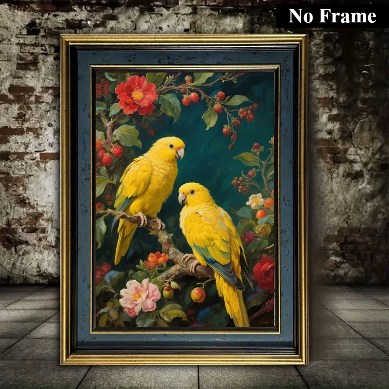 Frameless canvas paintings,Yellow Parrot and Floral Poster and Prints Animal Birds Art Canvas Painting Wall Art Picture for Livi