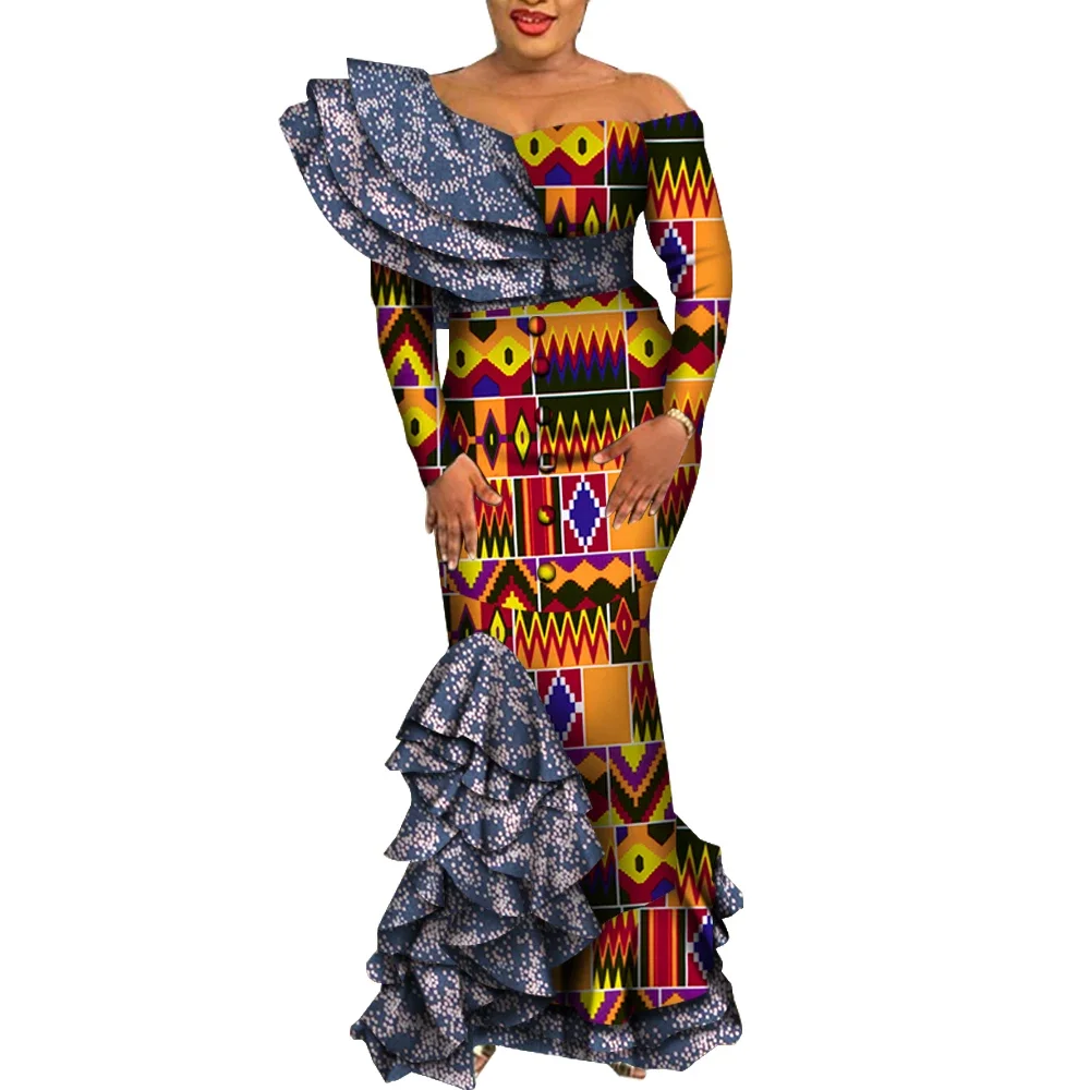 African Dresses for Women 2022 Elegant Bodycon Long Mermaid Dress Draped Ruffles African Print Dashiki Evening Dresses WY5995