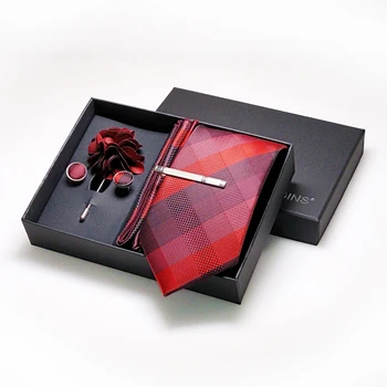 JEMYGINS-Corbata Jacquard de seda clásica roja para hombre, conjunto de gemelos cuadrados de bolsillo, accesorios de boda para fiesta de negocios, corbata