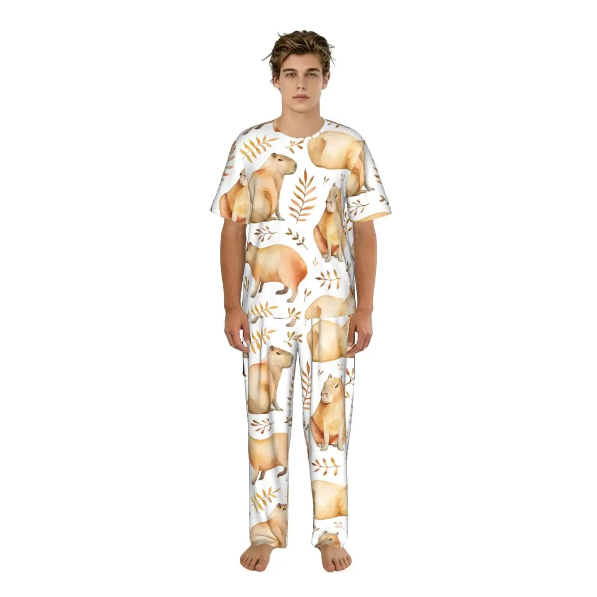 

Sleepwear Summer Spring Home Clothes Capybaras And Leafs Short Sleeve Long Pant Nightwear