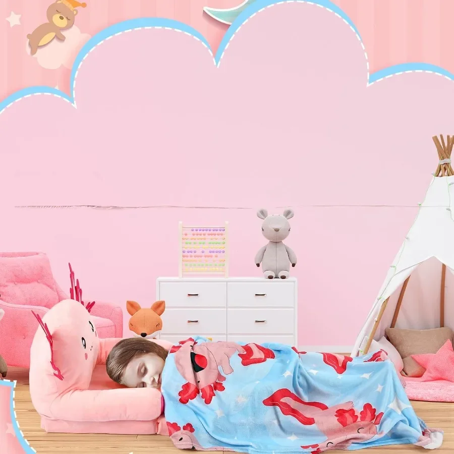 Sofá infantil conversível 2 em 1 rosa claro com cobertor para: sofá dobrável macio para cochilar, leitura e brincadeira, ideal e confortável