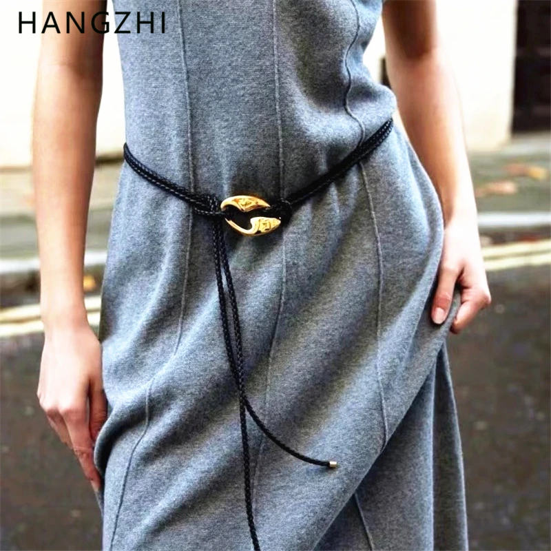 HangZhi Gold Color Hollow T Shape Chunky Waist Chain Woven Knot Long Leather Rope Chain Clothes Skirt Jewelry Accessories New