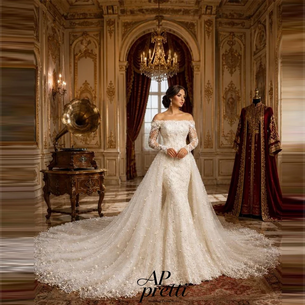 AP pretti Fabulous Lace Wedding Dresses One Line Full Sleeve Customized Sweep Train Bridal Gown Vestidos Novias Boda A-line