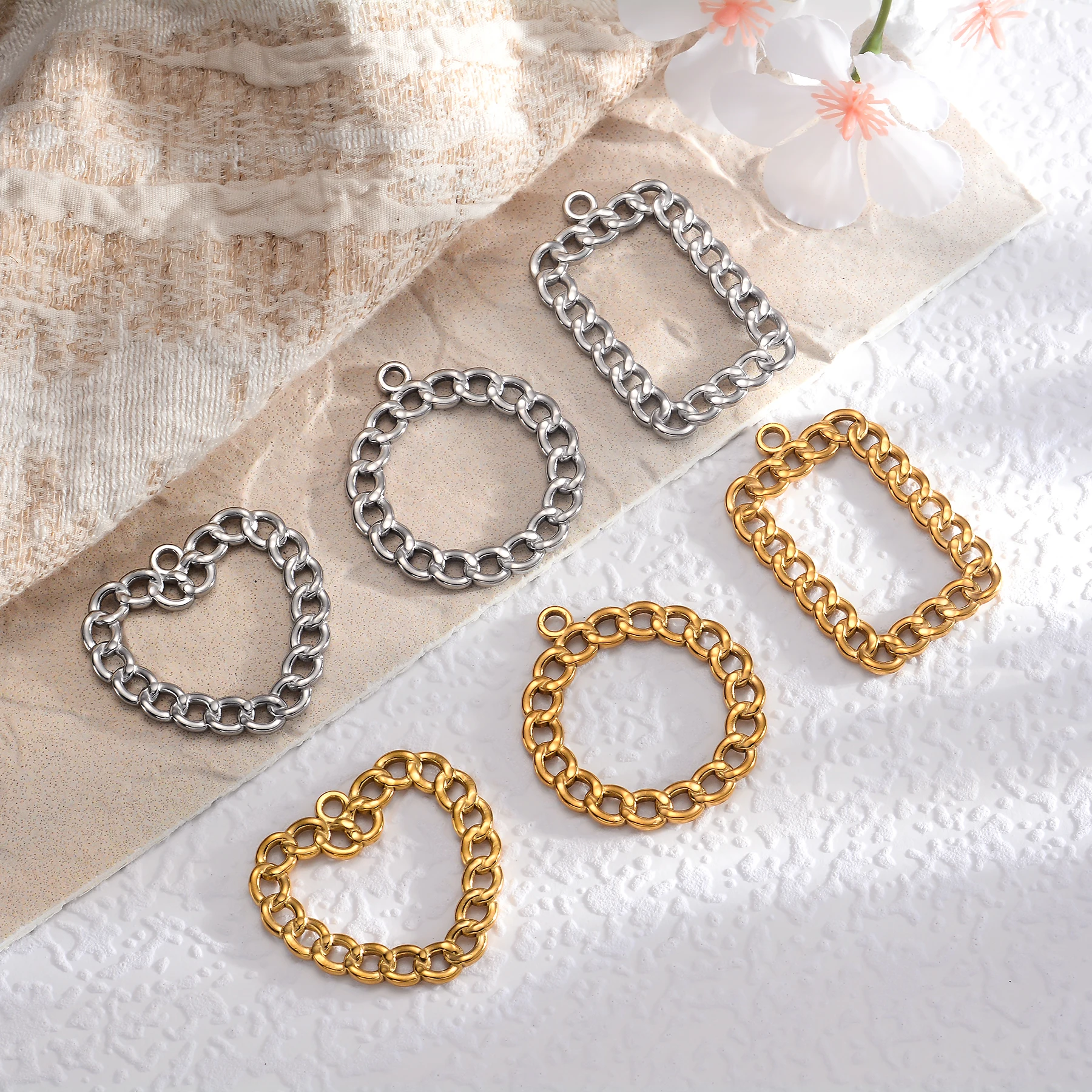 

6pcs PVD Gold Heart Square Round Chains Bezel Charms Stainless Steel Jewelry DIY Earrings Necklace Making Accessories