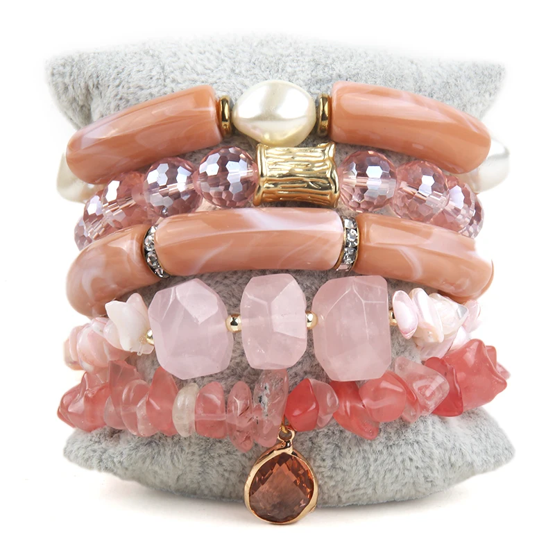 Fashion Bohemia Beaded Jewelry Big Acrylic Elbow And  Faceted Stone 5pc Stack Beads Bracelets Set For Women Festival Gift