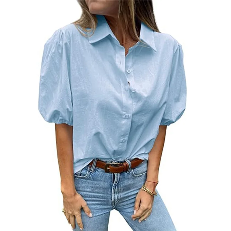 

A83F-Women's Button Down Shirts Short Puff Sleeve Collared Dressy Casual Blouse Tops