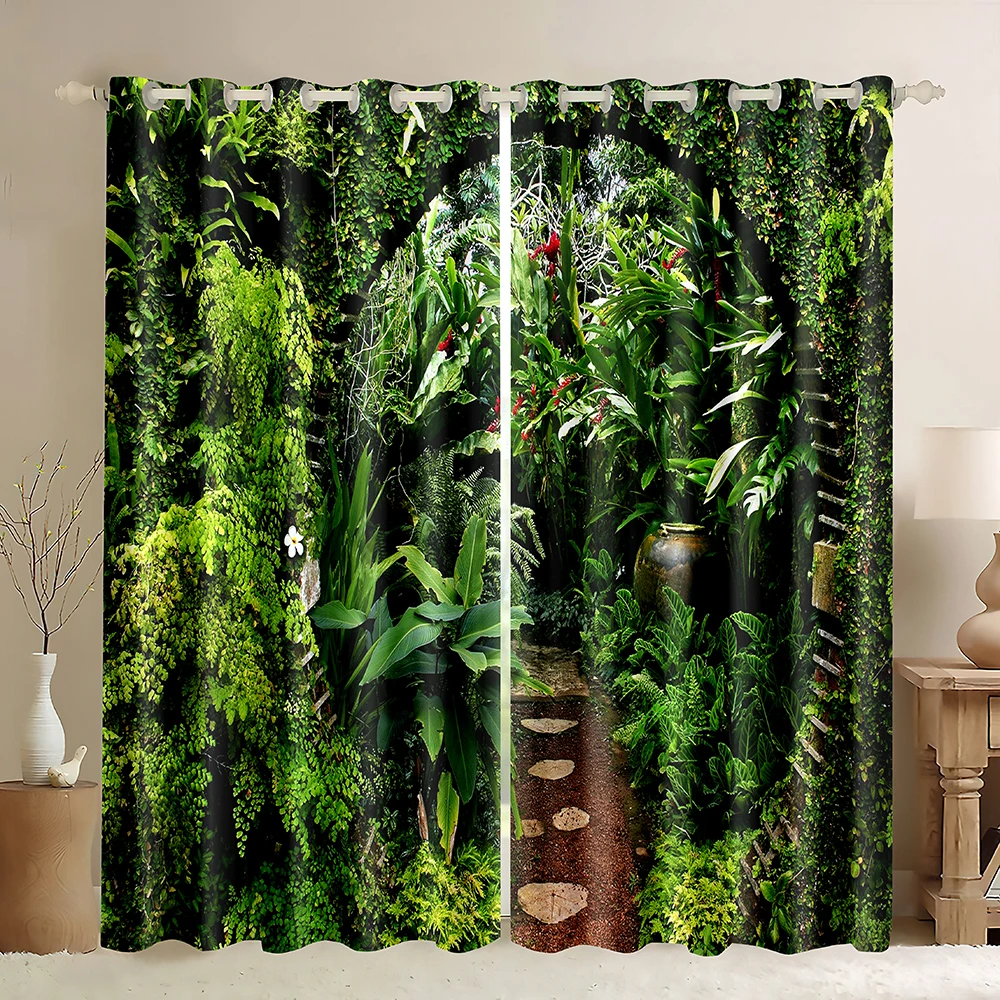 Forest Tree Landscape Window Blackout Curtains with Jungle Wild Nature Flourishing Botanical Print Pattern for Living Room