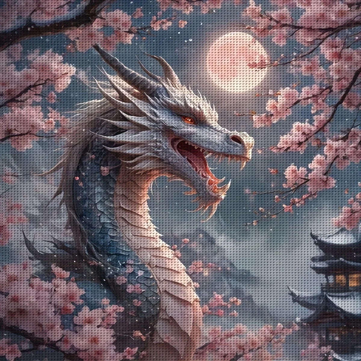 1PC 36X36cm/14.17X14.17inch, 11CT Print Cross Stitch DIY Kit, Cherry Blossom Dragon, Adult Beginner's Relaxed Cross Stitch