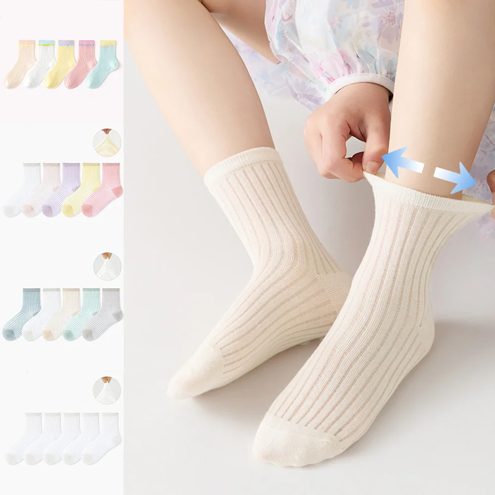 5 Pairs Baby Socks Summer Cotton Spring Boys Girls White Thin Mesh Sock Kids Solid Color Crew Socks Student Breathable Socks