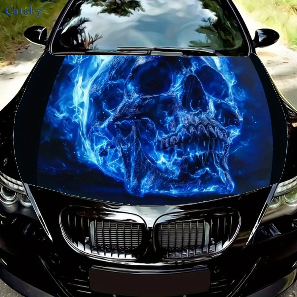 

A skull surrounded by blue flames Car Hood Packaging - Premium, Durable and Waterproof Car Trim, Personalized Car Exteriors, Ani