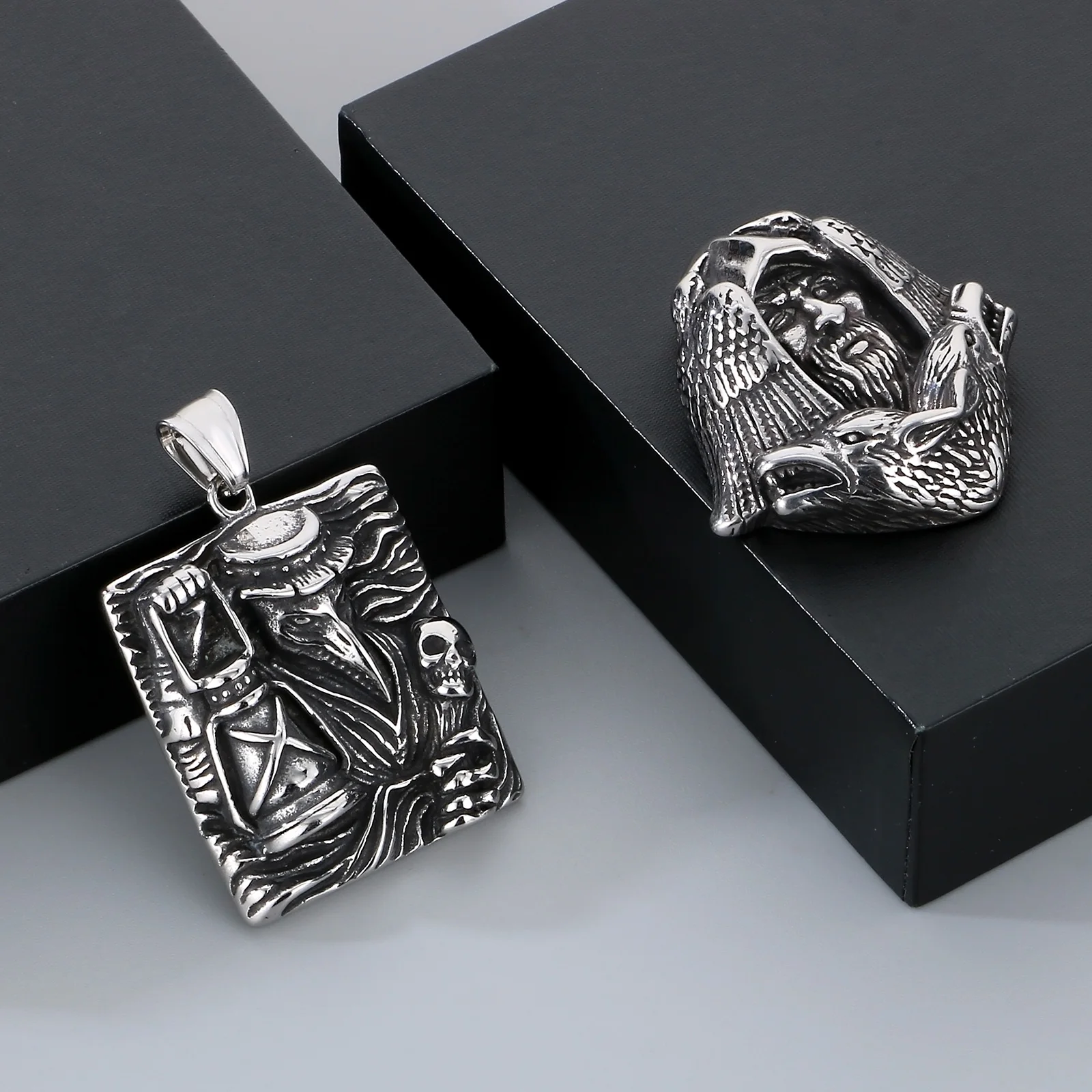 Fongten Eagle Double Werewolf Face Retro Doctor Crow Mouth Pendant Necklace For Men Stainless Steel Box Chain jewelry Halloween