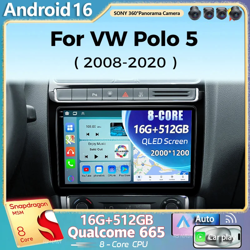Radio Multimedia Android 16 2K QLED para Volkswagen VW POLO 5 2008-2017, Reproductor de Video, Control por Voz AI, CarPlay, Estéreo