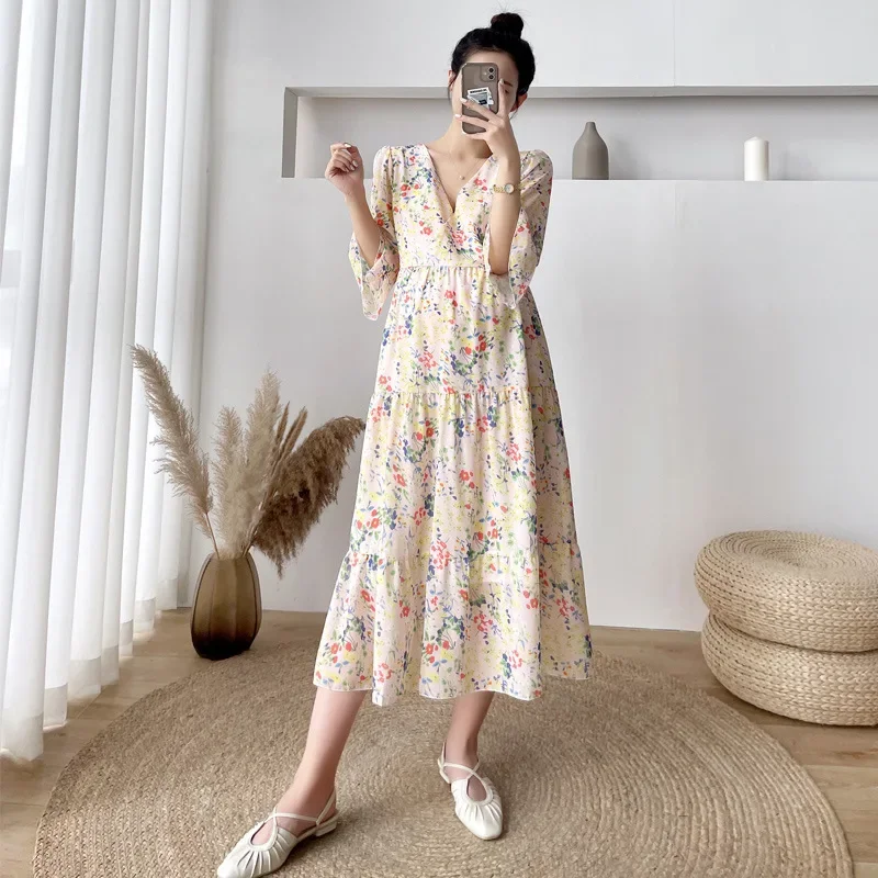 Maternity Dress 2022 Summer New Maternity Gentle Chiffon Floral Long Short-sleeved Breathable Soft Pregnancy Dress Photo Shoot