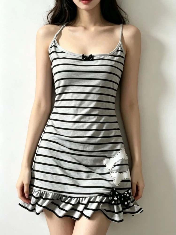 2026 Contrast Color Stripe Slip Dress Y2k Aesthetic Sweet Bow Grunge Vestidos Harajuku Vintage A-Line Ruffled Woman Mini Dresses