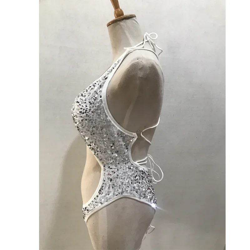 Nuevo Body de lentejuelas, traje de baile en barra calado Sexy para mujer, traje de fiesta Rave sin espalda, ropa de baile Gogo para club nocturno