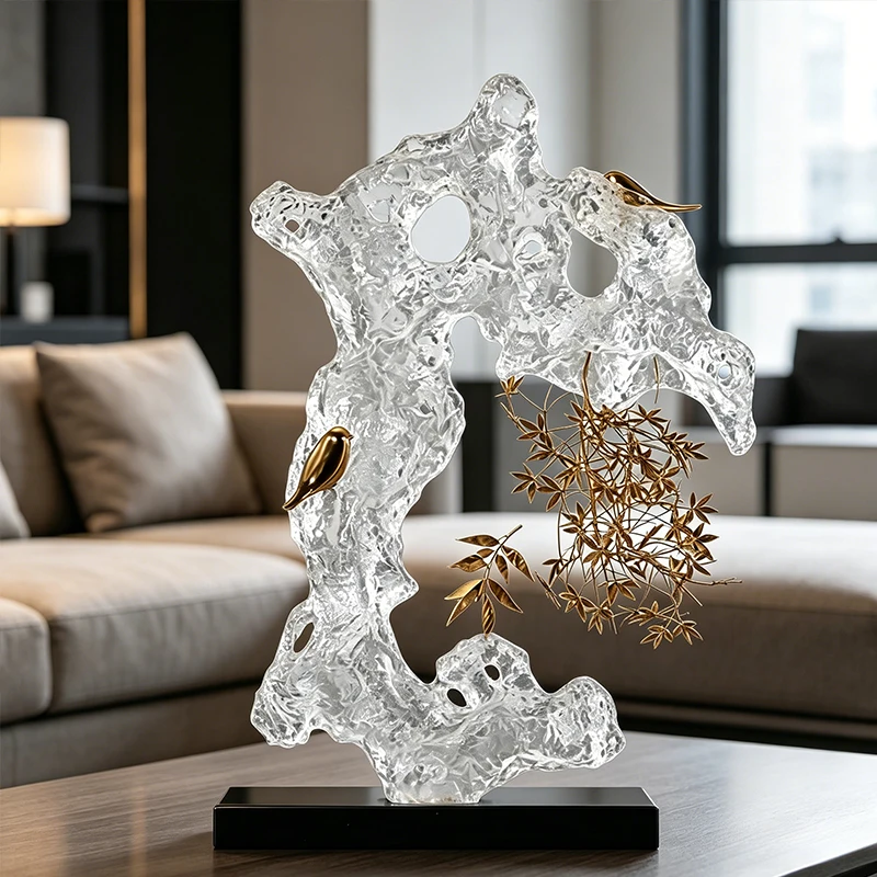 *#Q  Customized Transparent Resin Gold Plated Hand-painted Artistic Sculpture Luxury Green White Gradient Floral Birds Modern&