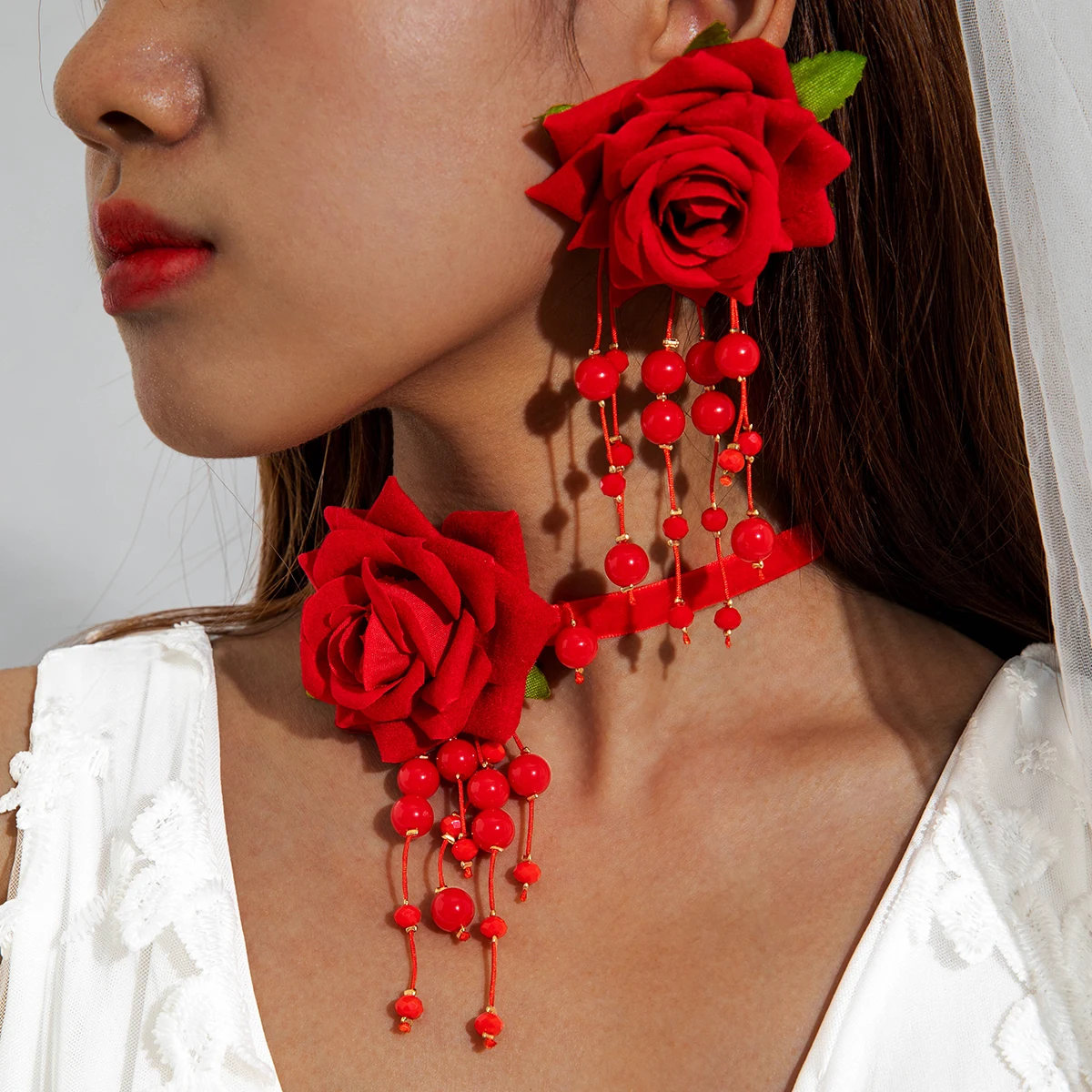 Docona Elegant Red Rose Flowers Bead Pendant Necklace Drop Earring Jewelry Set for Women Weedding Gift