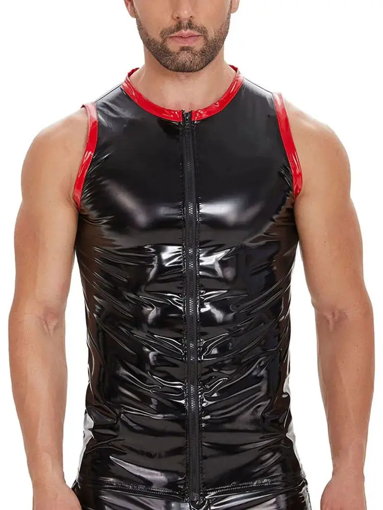 S-7XL Wet Look PVC Tank Top Men Front Zipper Shiny PU Leather Vest Tights Sexy Sleeveless Muscle Shirt Bodybuilding Tanktop Body